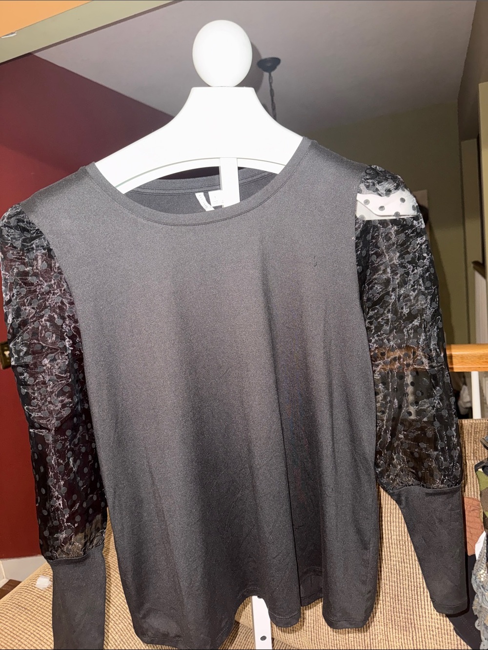 Black Long Sleeve Women's Top with Lace Sheer Sleeves